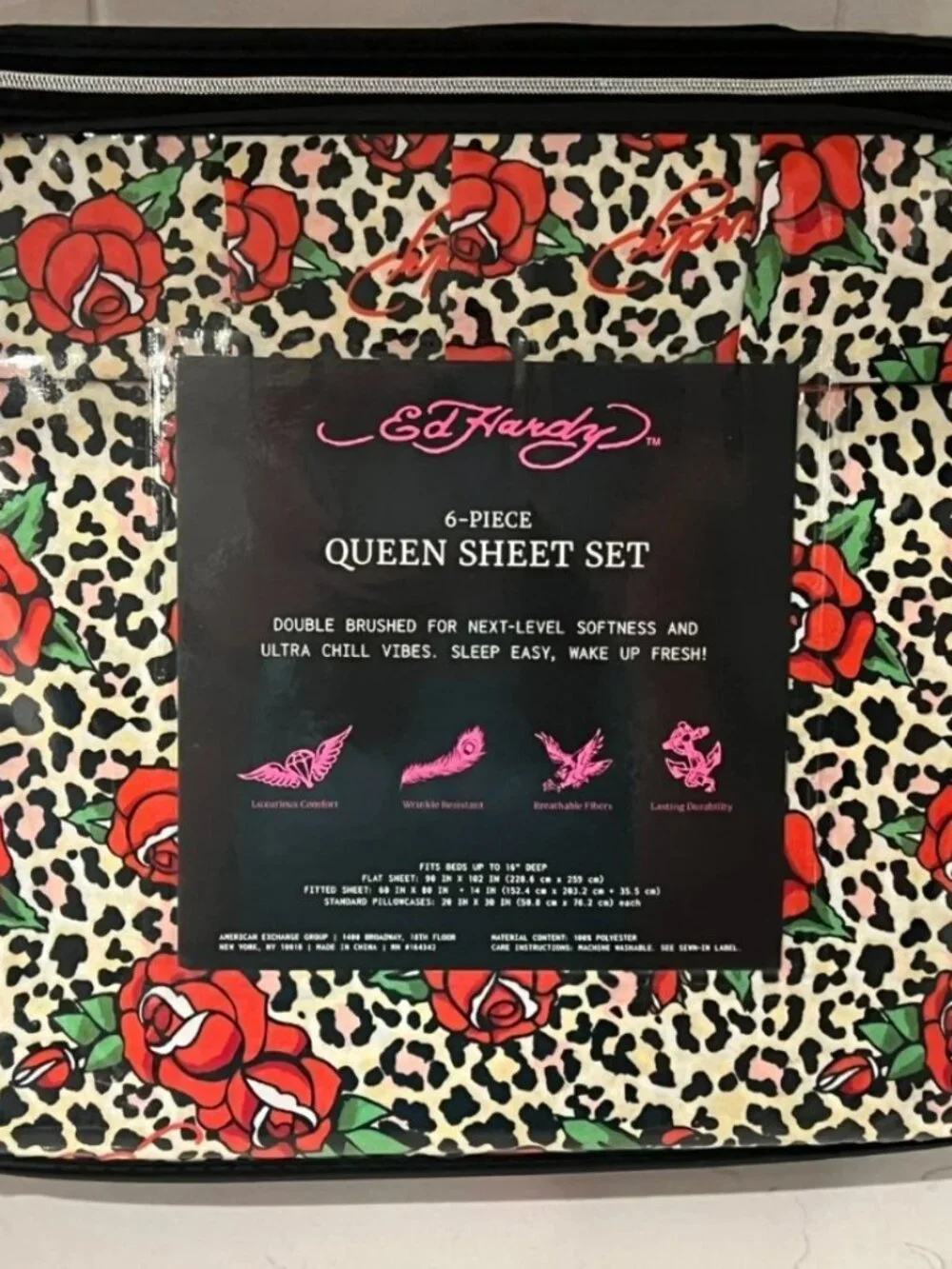 ED HARDY Queen Sheet Set 6pc New Flowers Roses Leopard Cheetah Tattoo Grunge Y2K